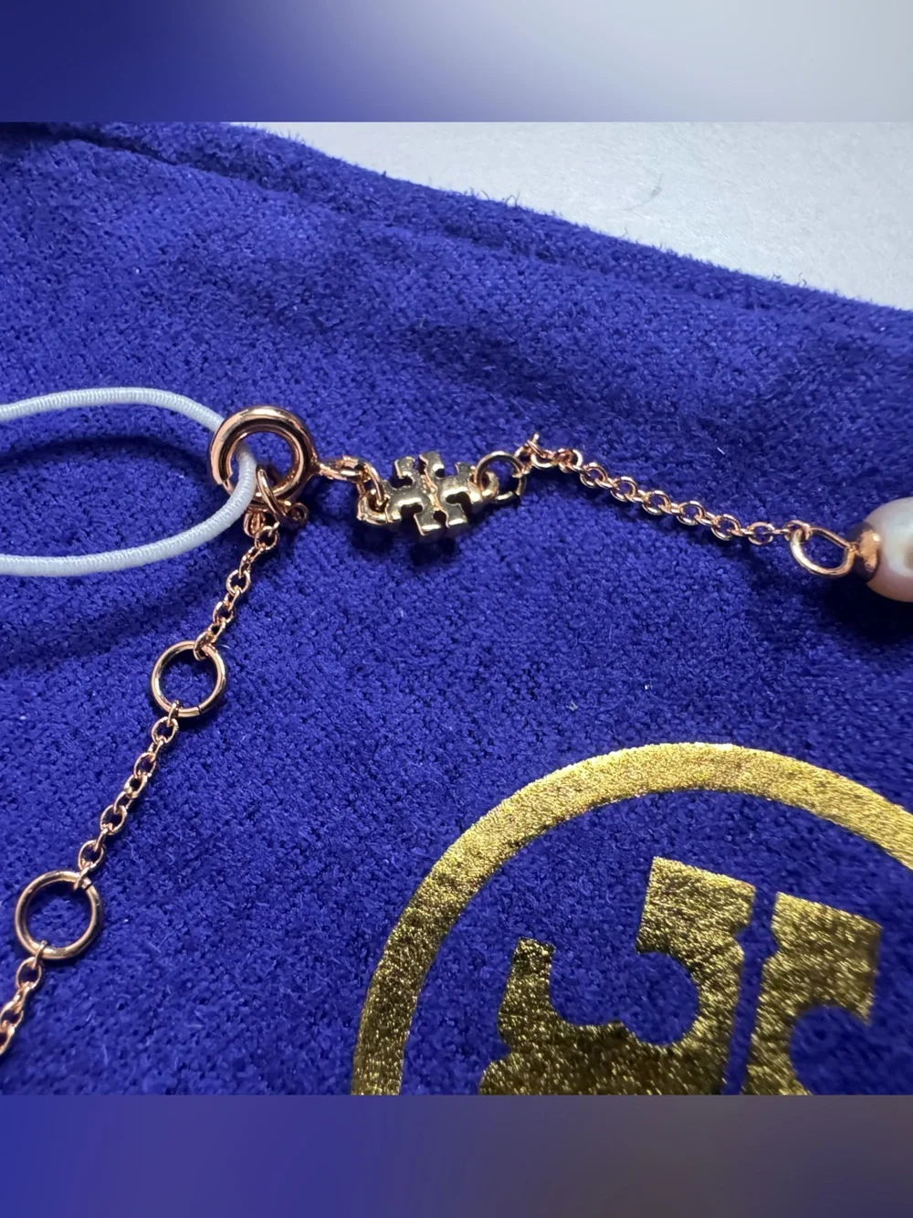 Tory Burch NWT Miller Pave Crystal & Rose Gold Pearl Chain Necklace